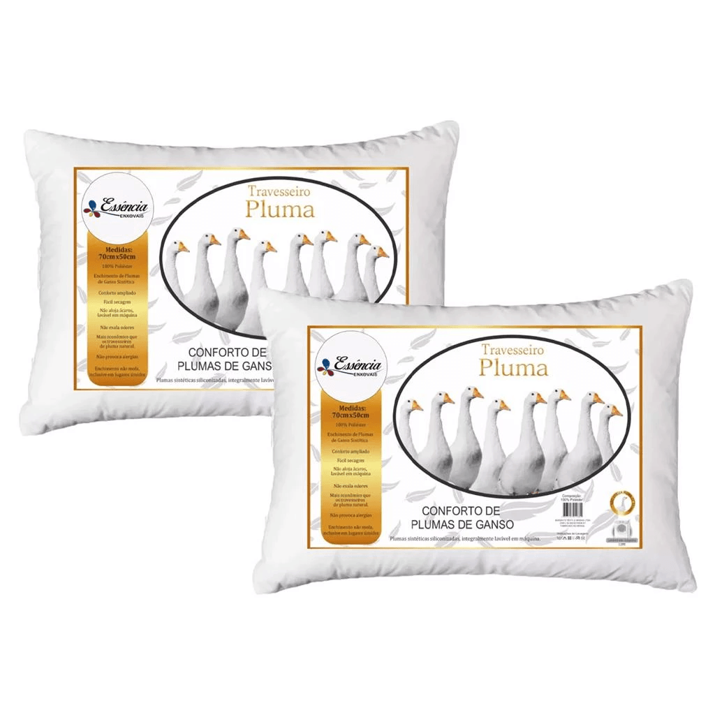 Kit 2 Travesseiro de Pluma de Ganso - Descanso - Anti-Ácaro - 70x50cm