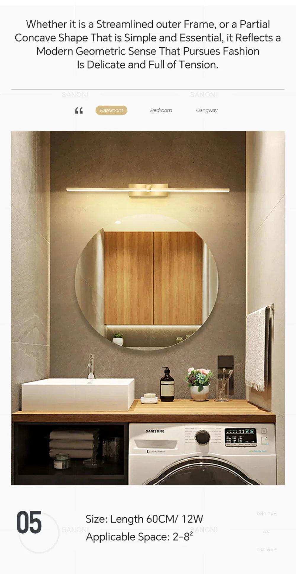 Lâmpada de Parede LED - Moderna para Banheiro - Lâmpada Espelho Dourado - Aplique para Quarto - Sala de estar