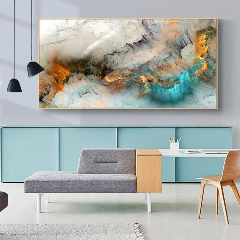 Quadro Abstrato - 80x240cm - Moldura Discreta, Folheada a Ouro