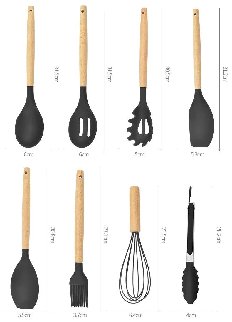 Conjunto de Utensílios de Cozinha - Silicone - Madeira - 12 Peças