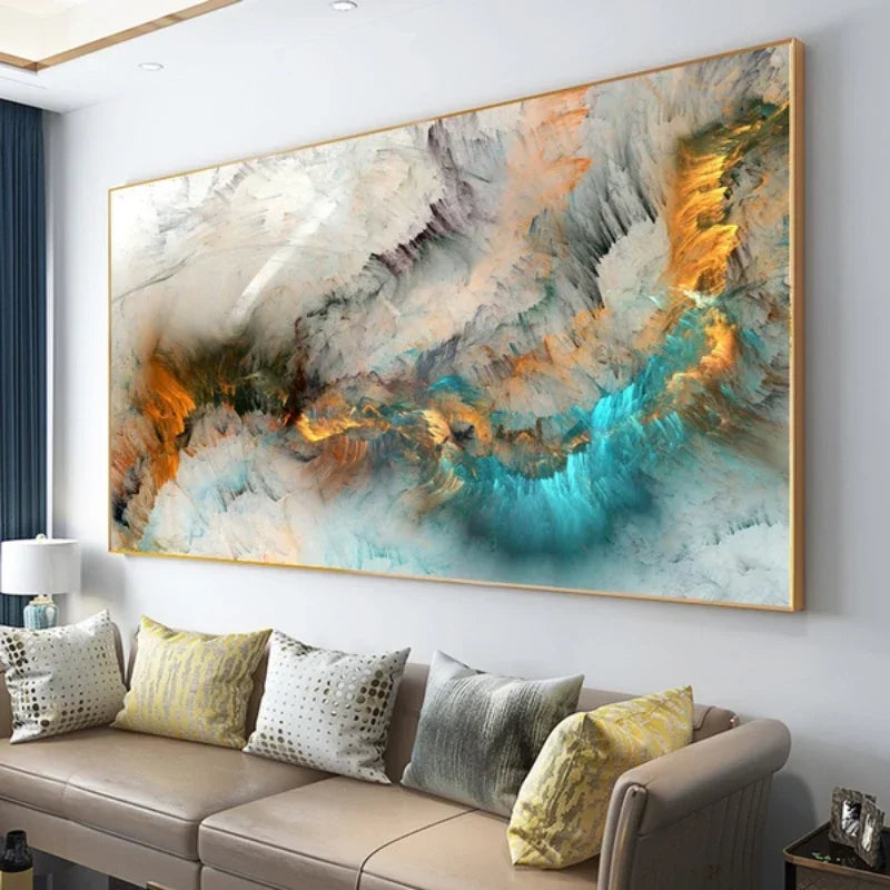 Quadro Abstrato - 80x240cm - Moldura Discreta, Folheada a Ouro