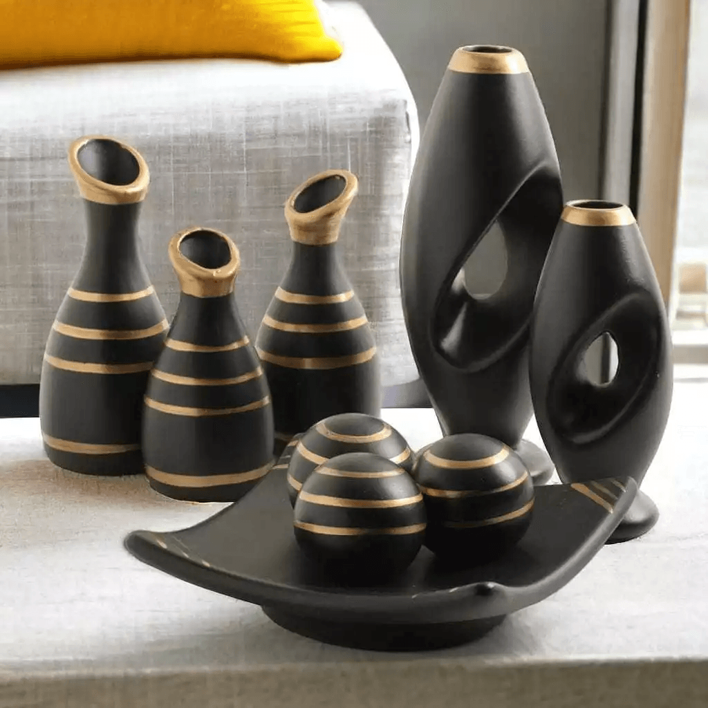 Jogo de Cerâmica Completo Para Decoração De sua Casa, Sala, Rack, Centro de Mesa - 9 Peças