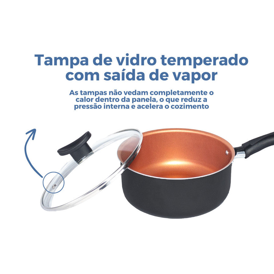 Jogo De Panelas Antiaderente - 10 Pçs - Tampa de Vidro Temperado