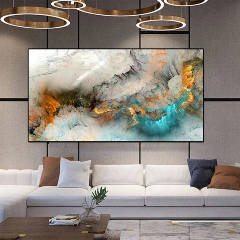 Quadro Abstrato - 80x240cm - Moldura Discreta, Folheada a Ouro