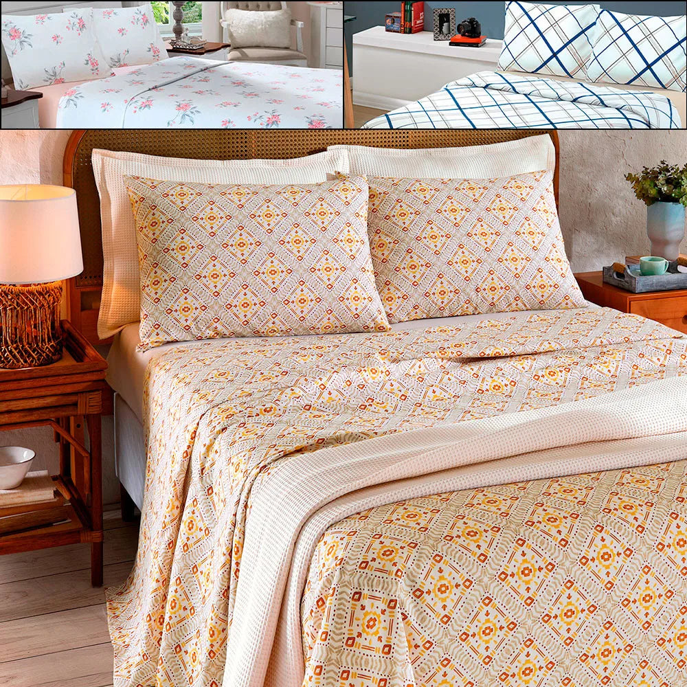 Jogo de Cama Queen 4 peças Lençol com Elástico 100 Algodão Percal 130 Fios - Dohler