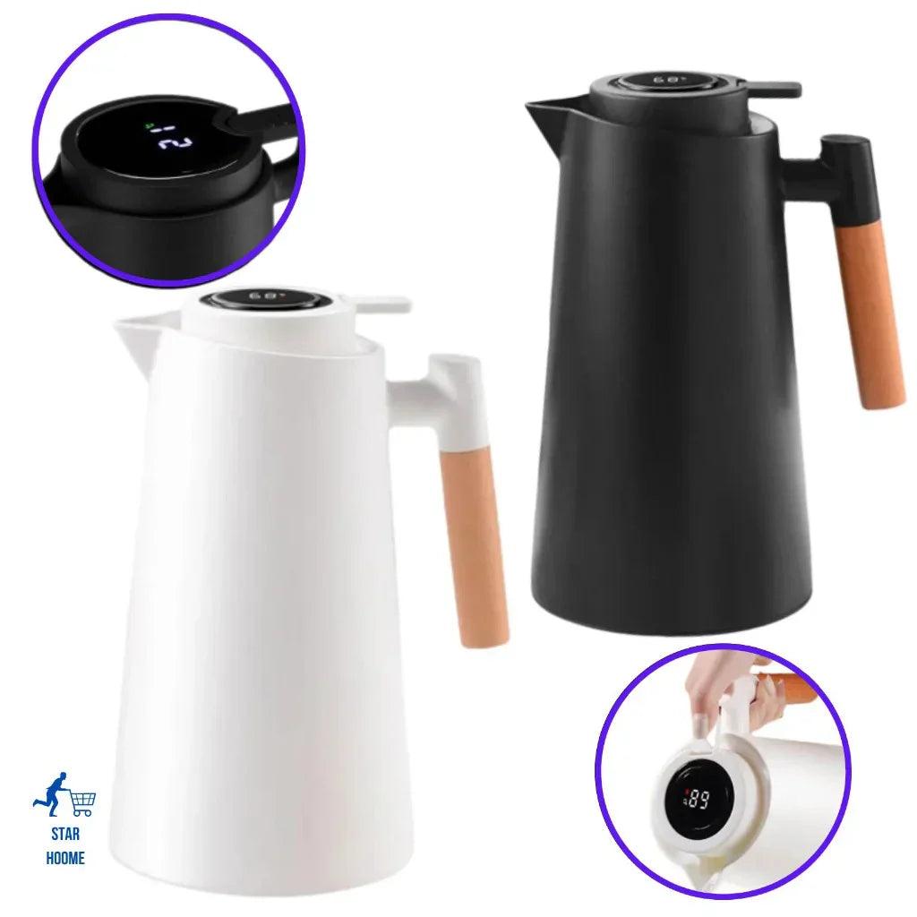 Garrafa Térmica - Termômetro Digital 1L - Café Chá, Estilo Nórdica - Com Cabo Madeira